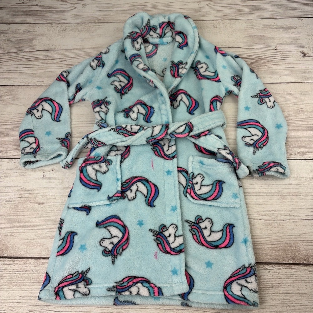 Lightning Bug Girl's Small Fleece Unicorn Robe Light Blue Good Condition